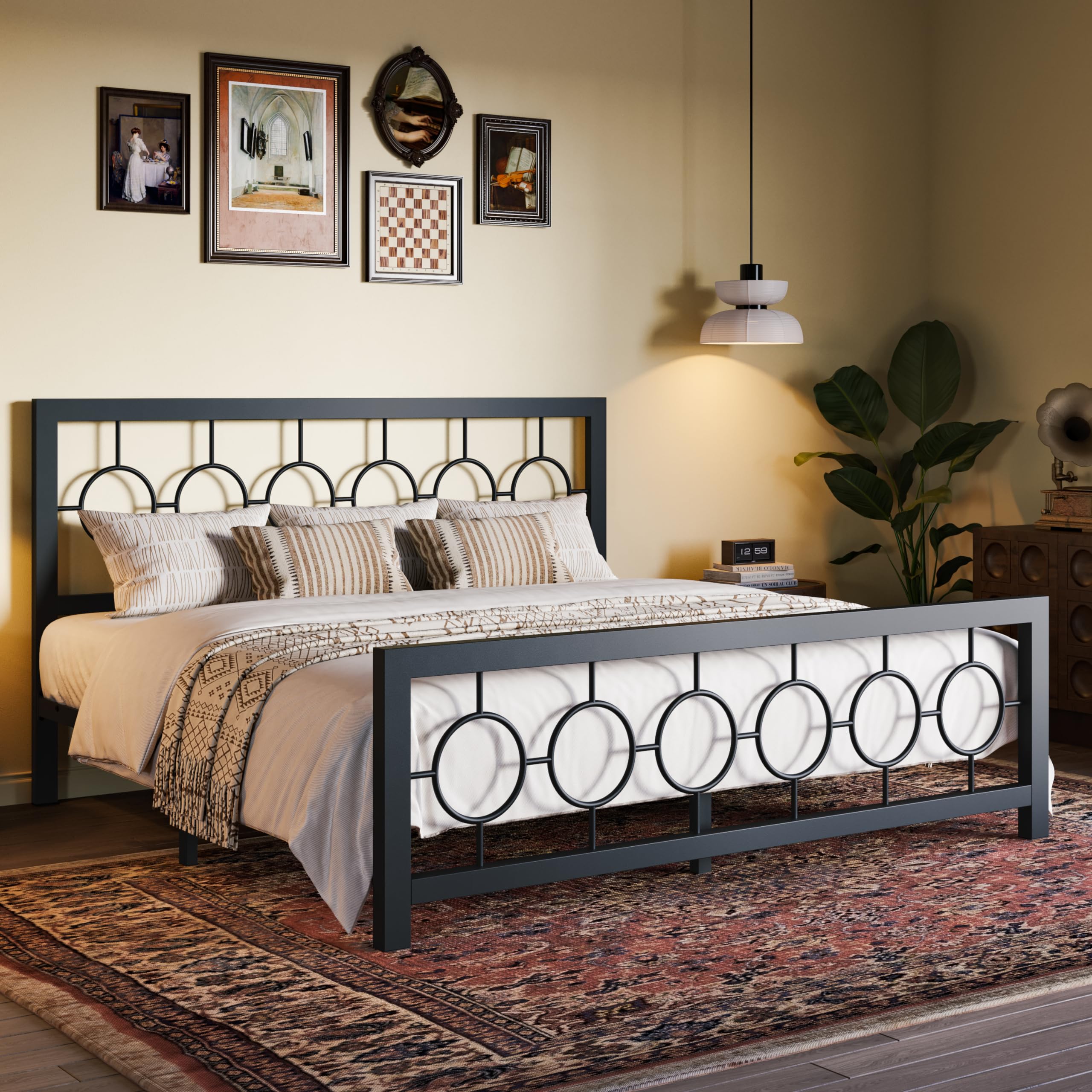 King Size Metal Bed Frame with Vintage Circular Design Headboard and Footboard