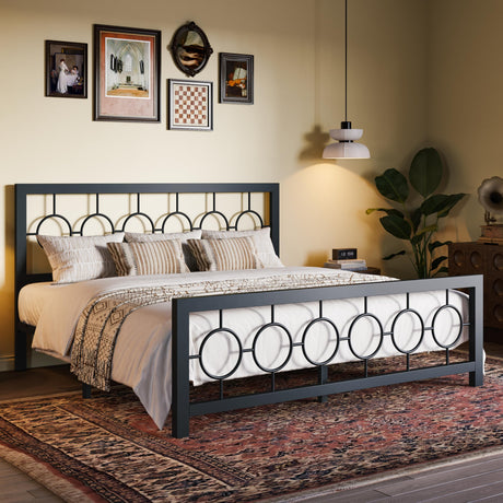 King Size Metal Bed Frame with Vintage Circular Design Headboard and Footboard