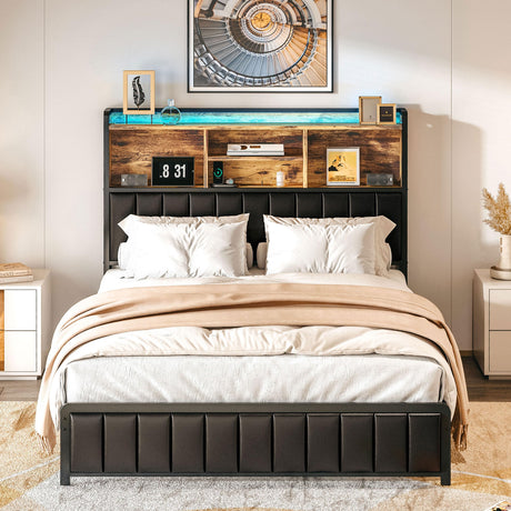 Queen Bed Frame with Upholstered Headboard and LED Light, Strong Platform Bed