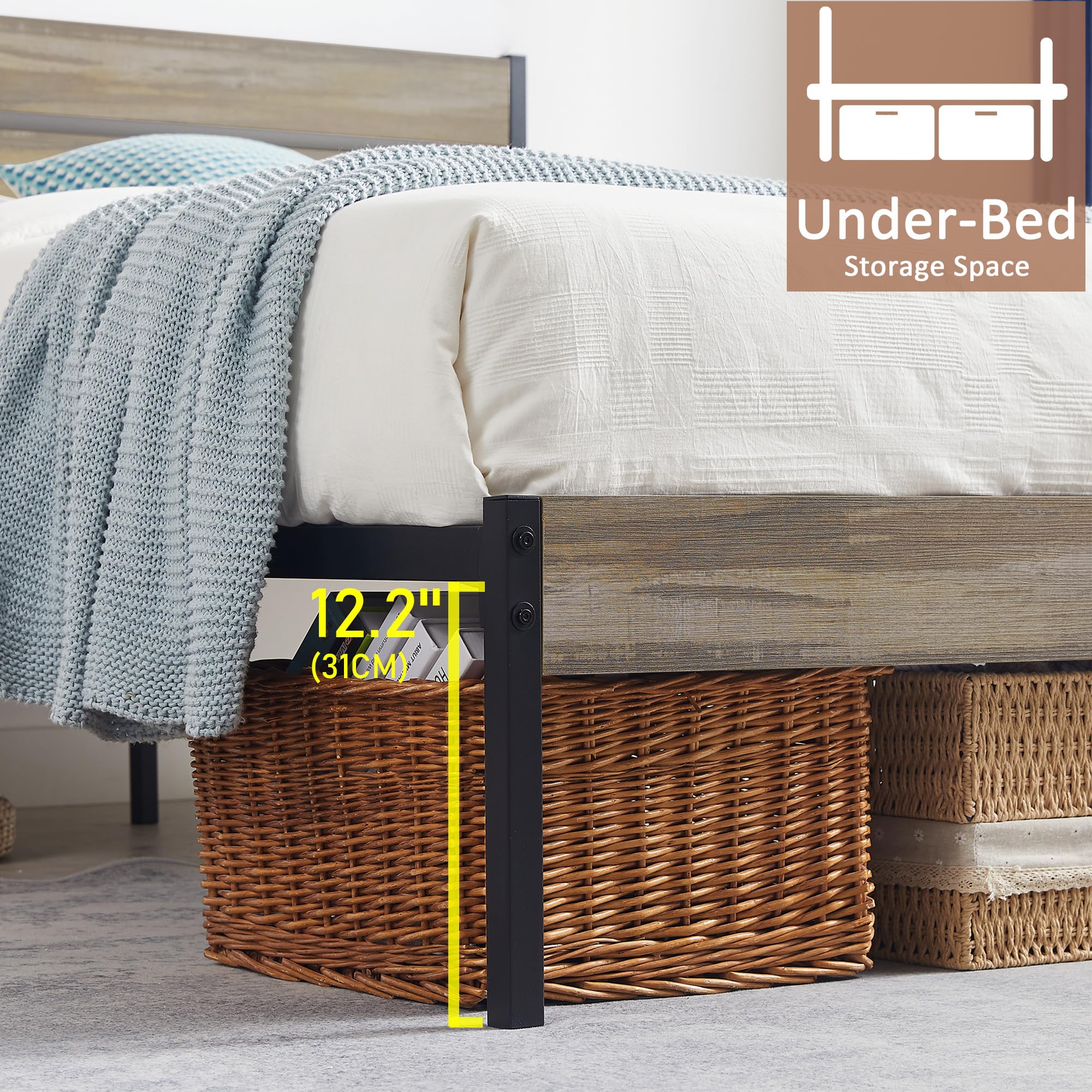 Platform Full Bed Frame with Rustic Vintage Wood Headboard and Footboard