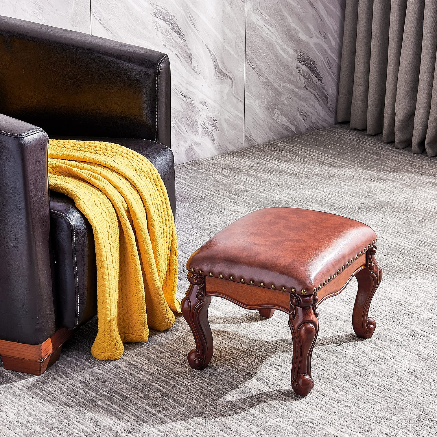 Foot Stool Microfiber Leather Ottoman Wooden Vintage Stool