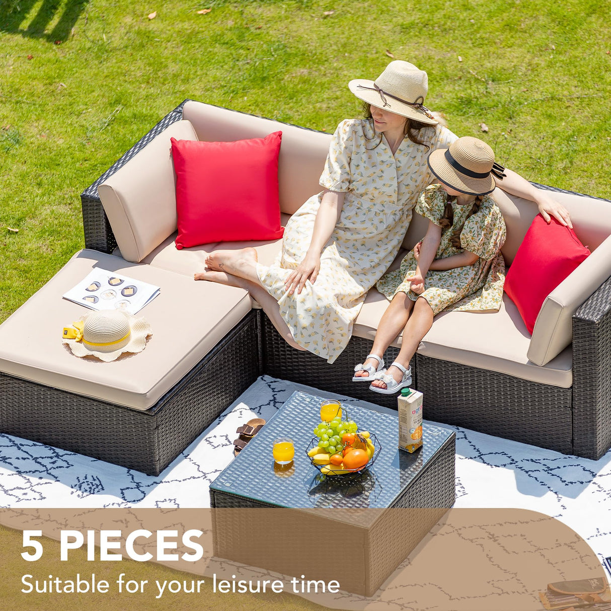 5 Pieces Patio Furniture Sets All Weather Outdoor Sectional Patio Sofa Manual Weaving