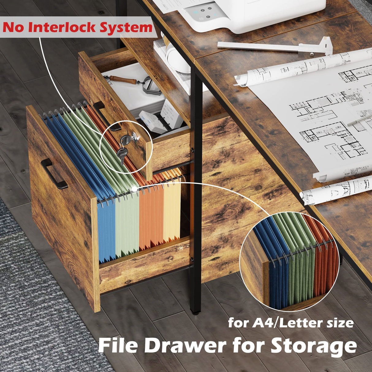 Reversible Computer Desk with Power Outlets & File Cabinet, L Shaped Desk