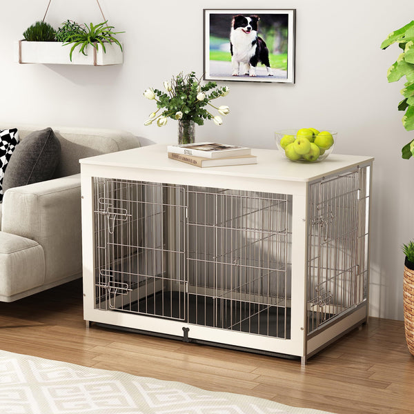 Wooden Dog Crate Furniture with Divider Panel, Dog Crate End Table with Fixable Slide Tray