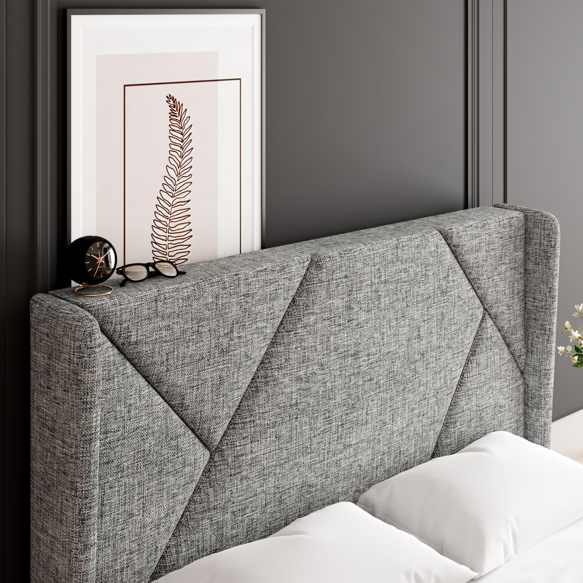 Queen Size Platform Bed Frame with Headboard, Upholstered Bed Frame with Solid Wood