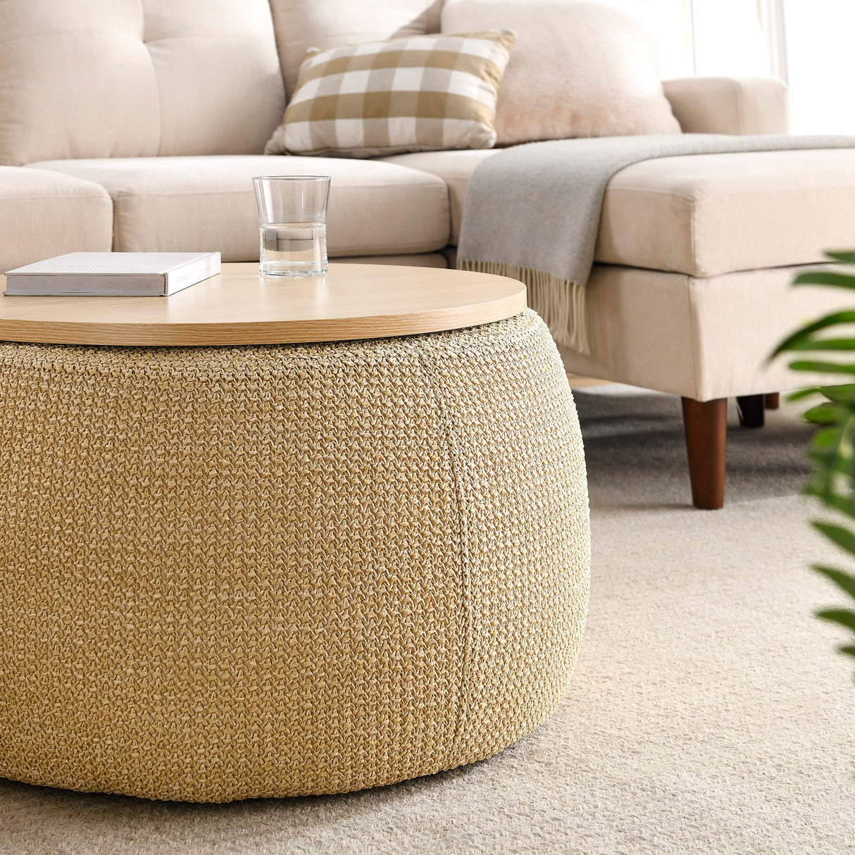 Modern Round Storage Ottoman with Wooden Lid