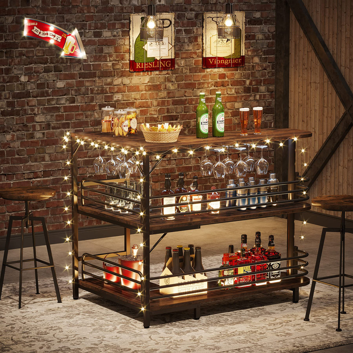 L-Shaped Home Bar Unit, 3 Tier Liquor Bar Table with Storage Shelves