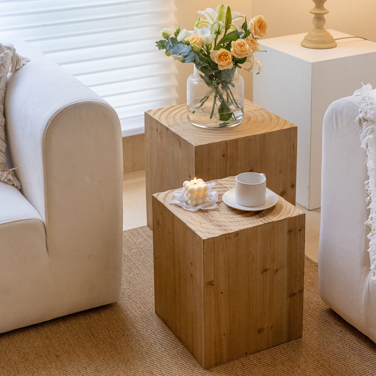 Tree Stump End Table Set of 2, Multiple Styling Layout with Wood Tree Ring Pattern