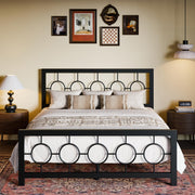 Queen Size Metal Bed Frame with Vintage Circular Design Headboard and Footboard