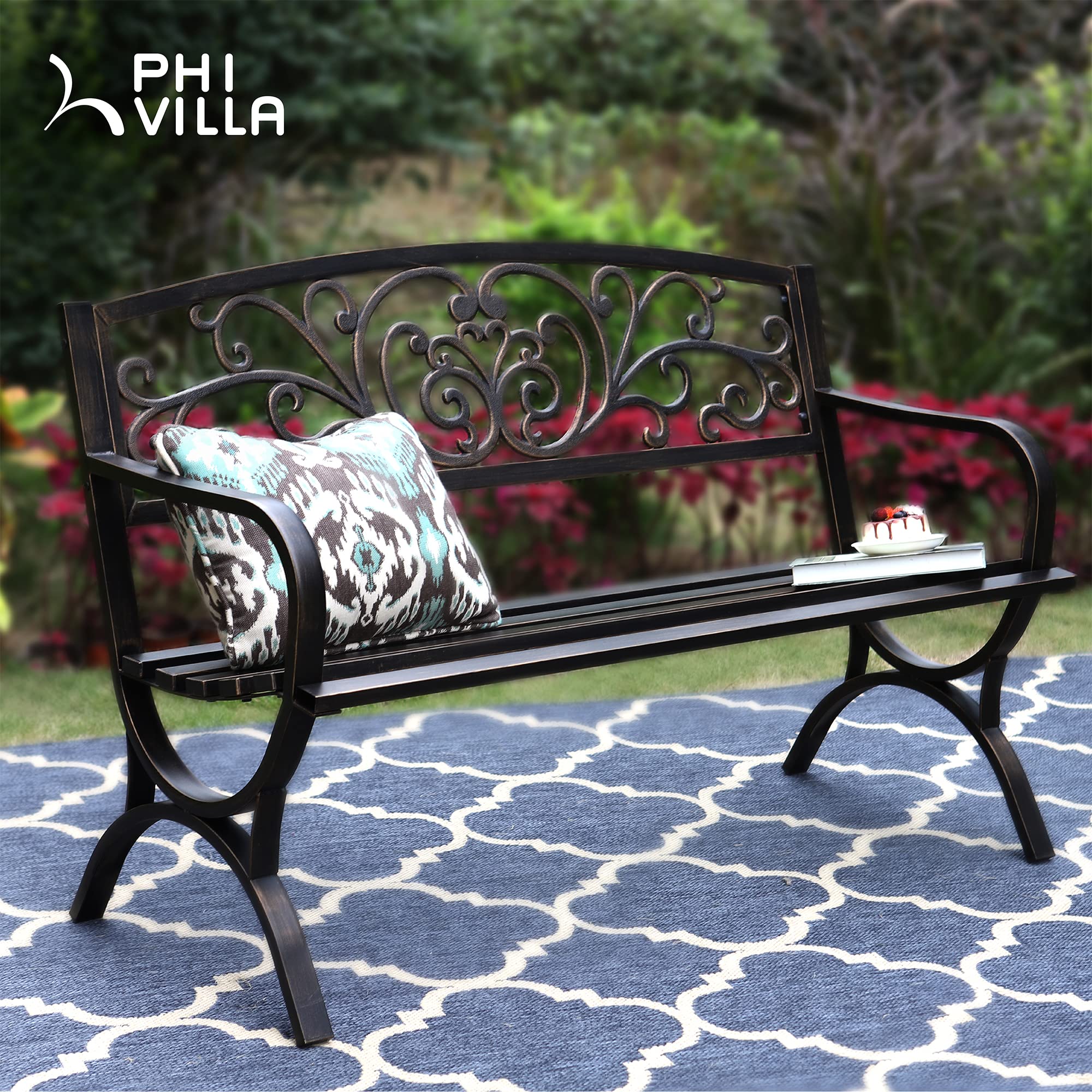 50Inch Cast Iron Steel Frame Garden Bench Patio Chair Outdoor Bench