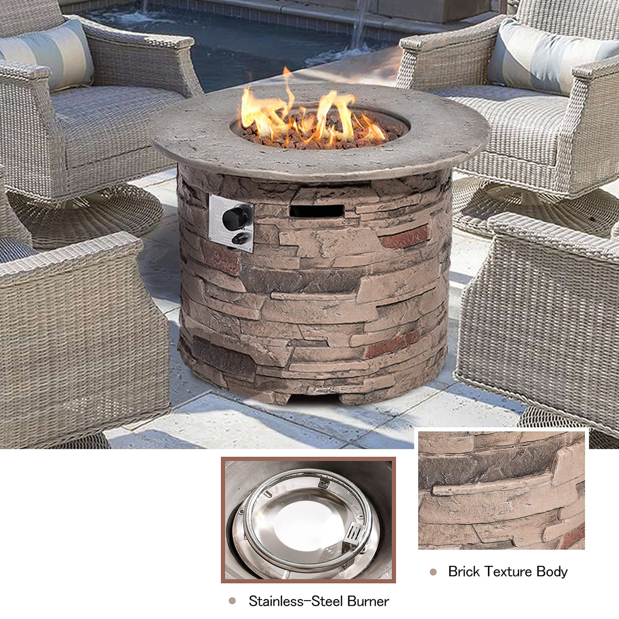 Outdoor Fire Pit Table,32-inch Imitation Stone Round Concrete Fire Pit