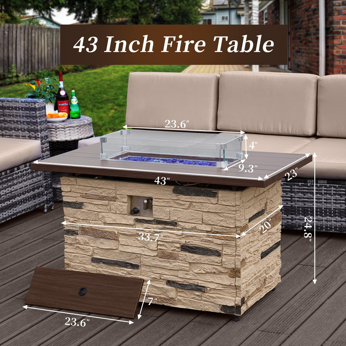 43" Propane Table Stone Rectangular 50000 BTU Propane Fire Table