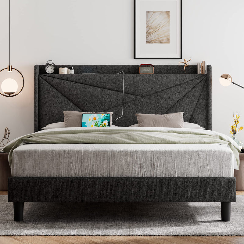 Queen Size Bed Frame with Type-C & USB Ports, Upholstered Platform Bed Frame