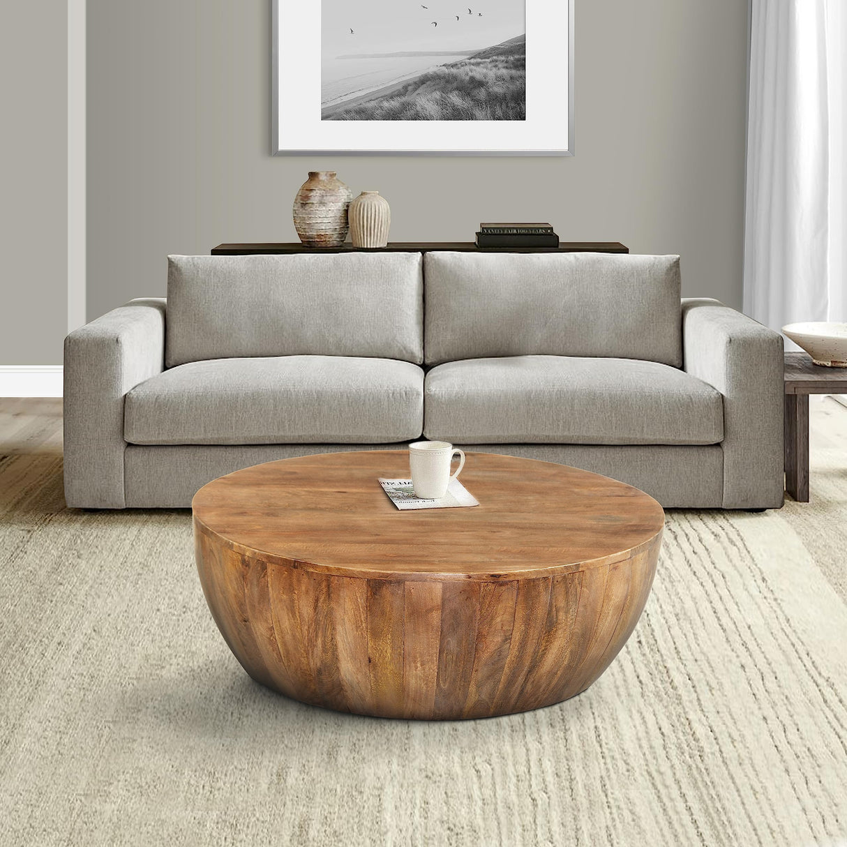 Drum Shape Wooden Coffee Table with Plank Design Base