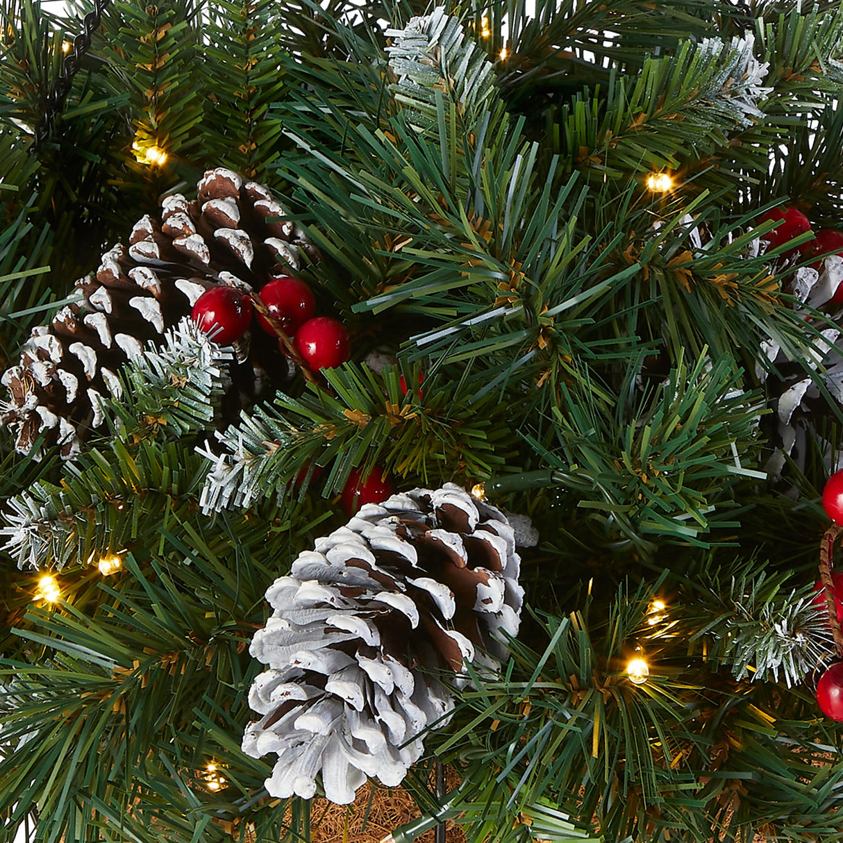 Pre-Lit Artificial Hanging Basket, , Decorated With Frosted Pine Cones