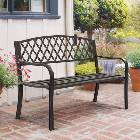 Garden Bench Patio Park Bench, Larger Size Cast Iron Metal Frame Porch Bench