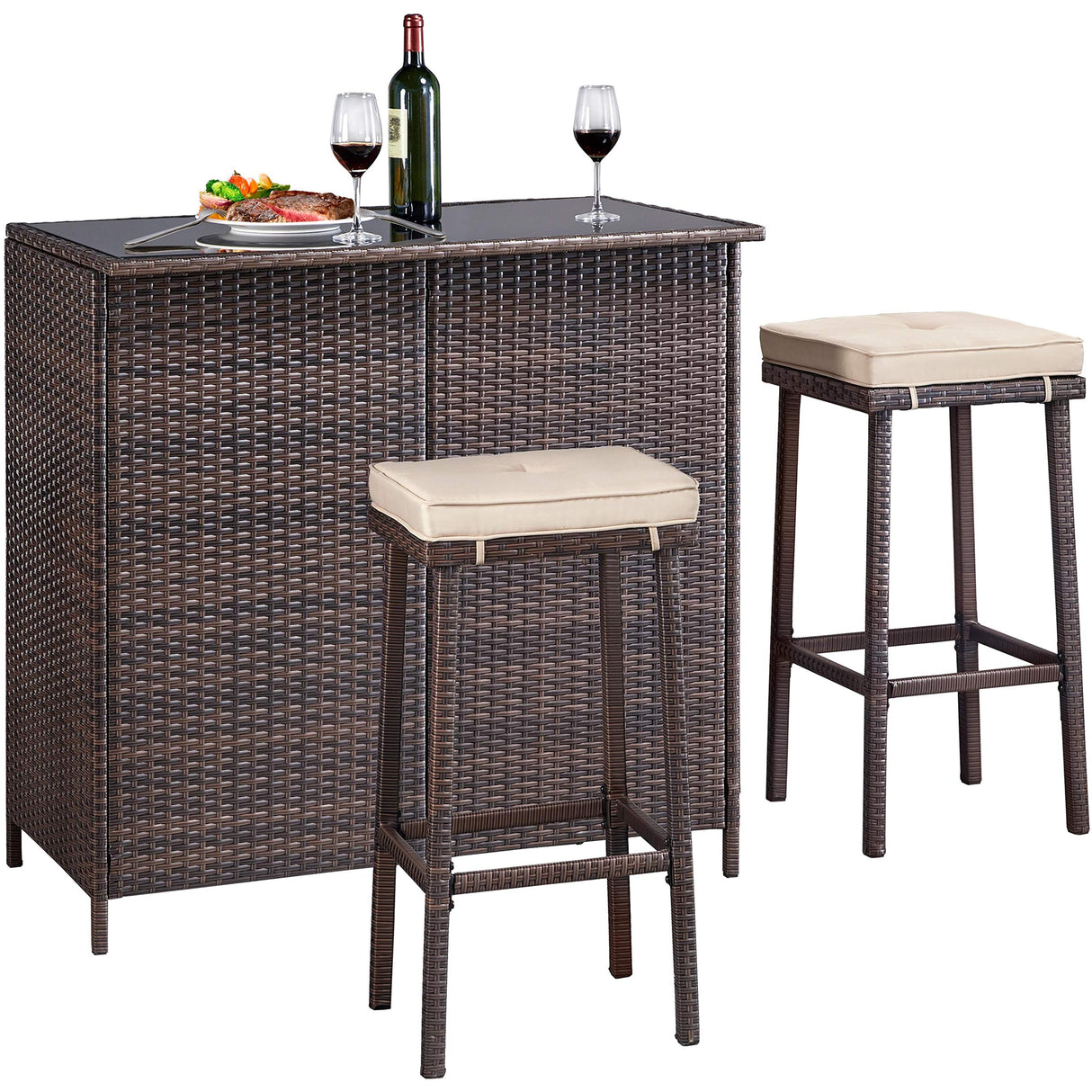 3pcs Patio Bar Set, Outdoor Wicker Bar Furniture