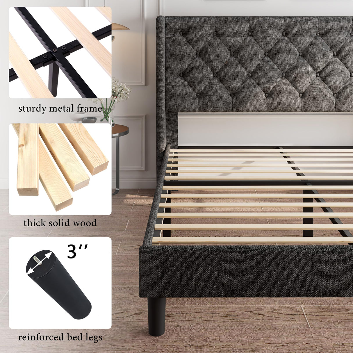 King Size Bed Frame with Upholstered Wingback, Platform Bed Frame