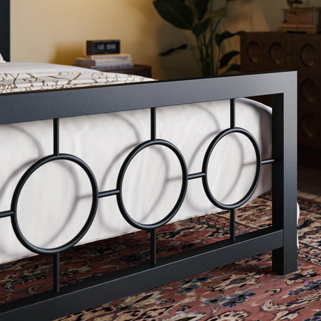 Queen Size Metal Bed Frame with Vintage Circular Design Headboard and Footboard