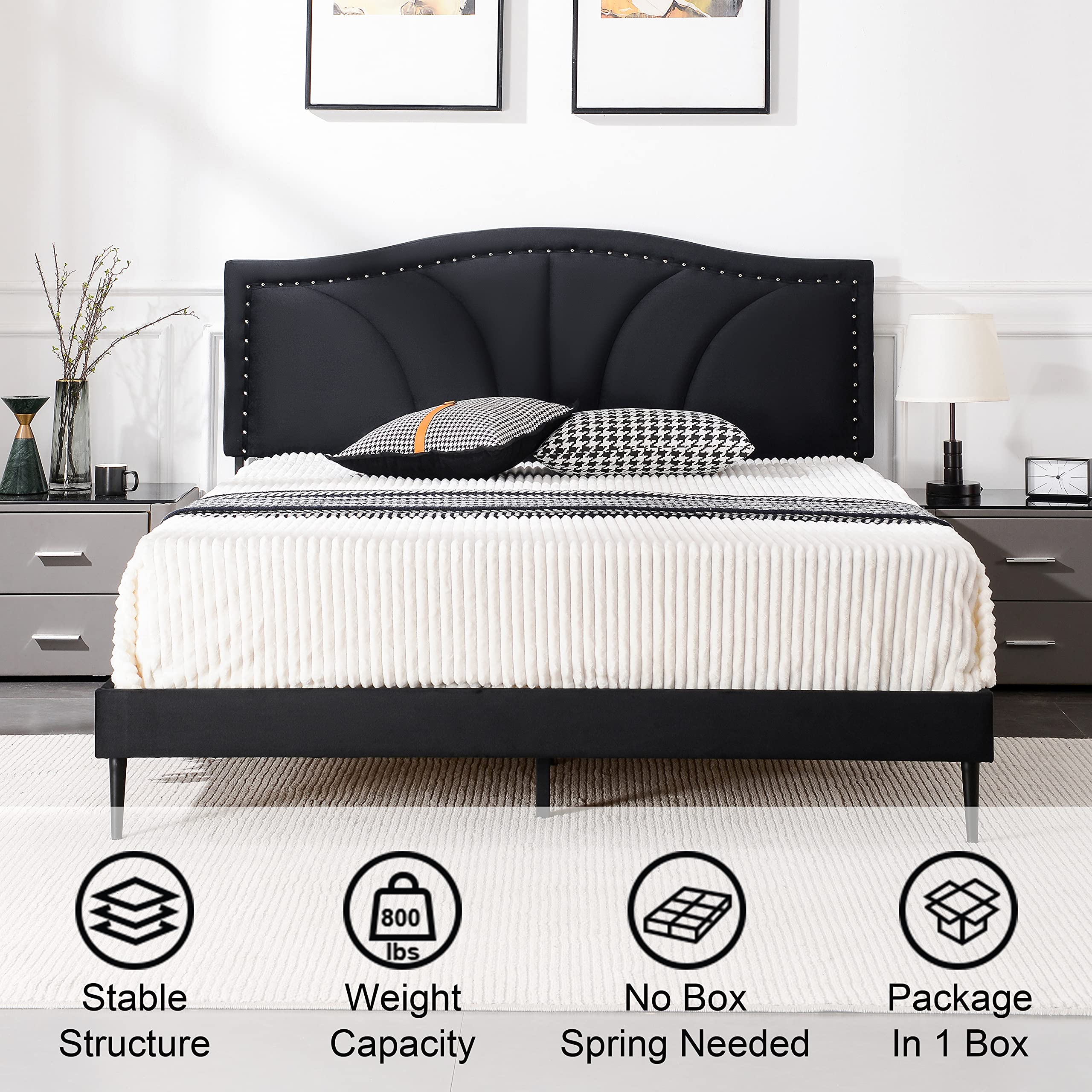 King Size Bed Frame Velvet Upholstered Platform Bed with Decorative Line & Nailhead