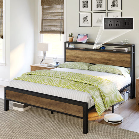 Queen Size Bed Frame, Platform Bed Frame with 2-Tier Storage Headboard and Charging