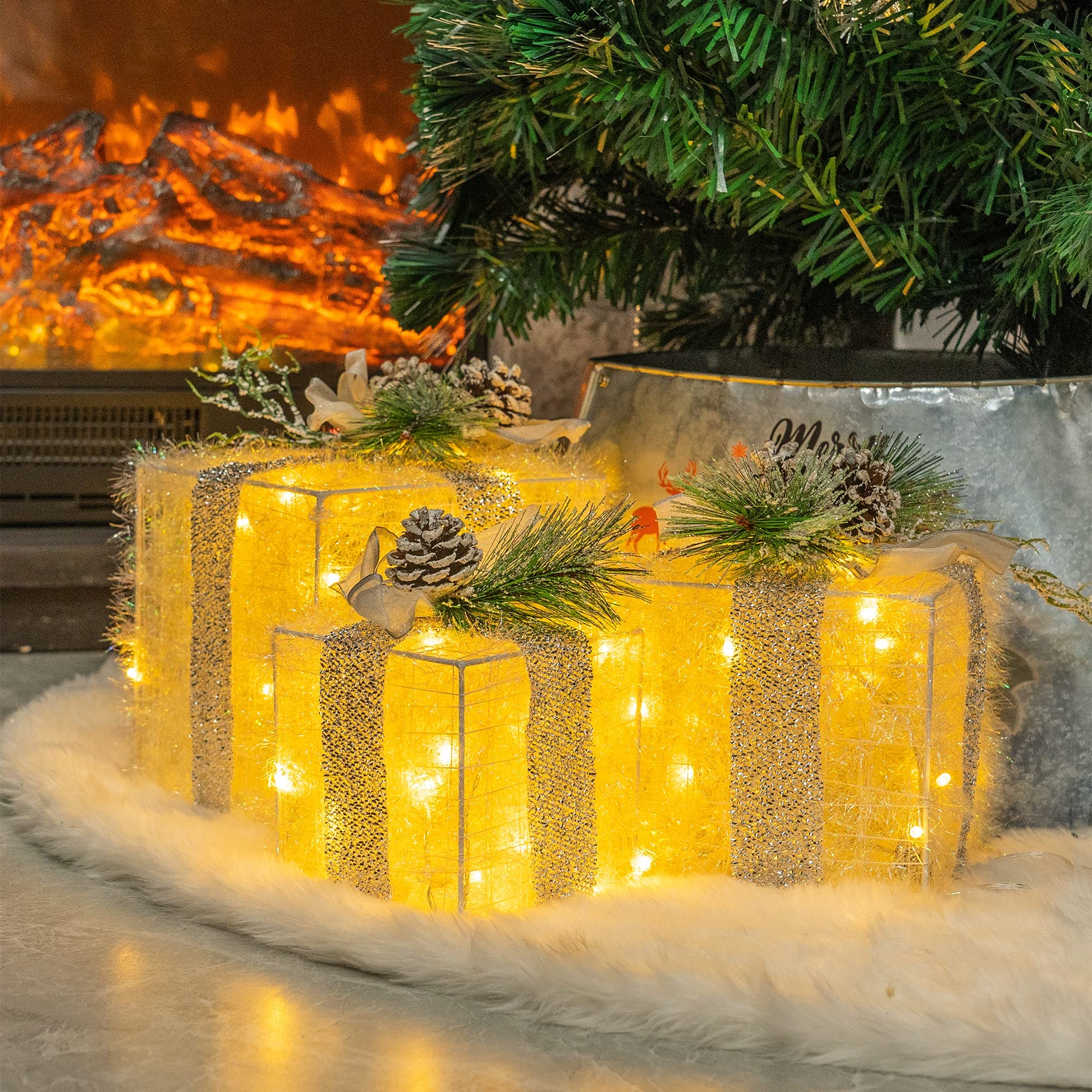 Plug in 60 LED Light Up Tinsel Present Box Decorations