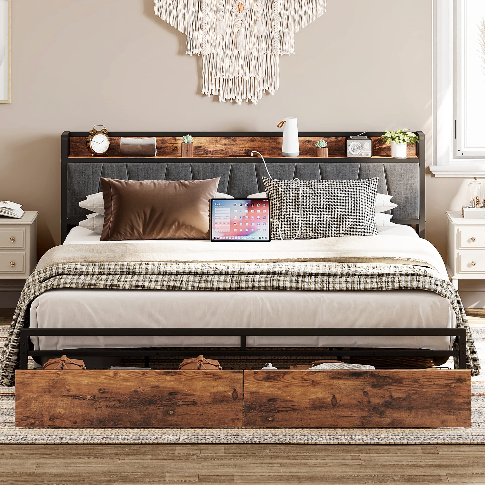 King Size Bed Frame, Storage Headboard with Charging Station