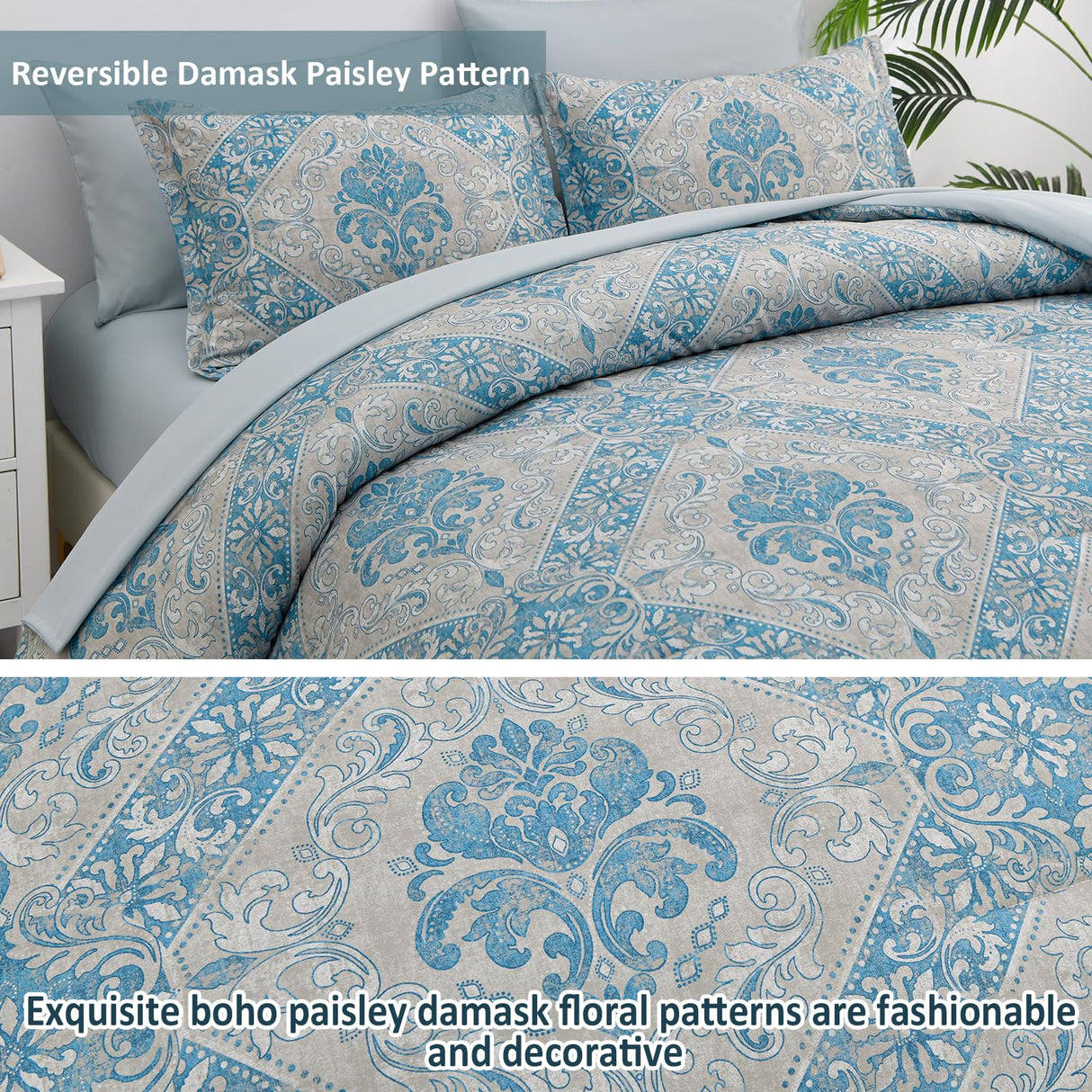 Blue Comforter Set  Damask Pattern Bed in a Bag Boho Paisley Bedding