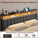 King Bed Frame with Charging Station, Upholstered King Size Bed Frame with LED Lights