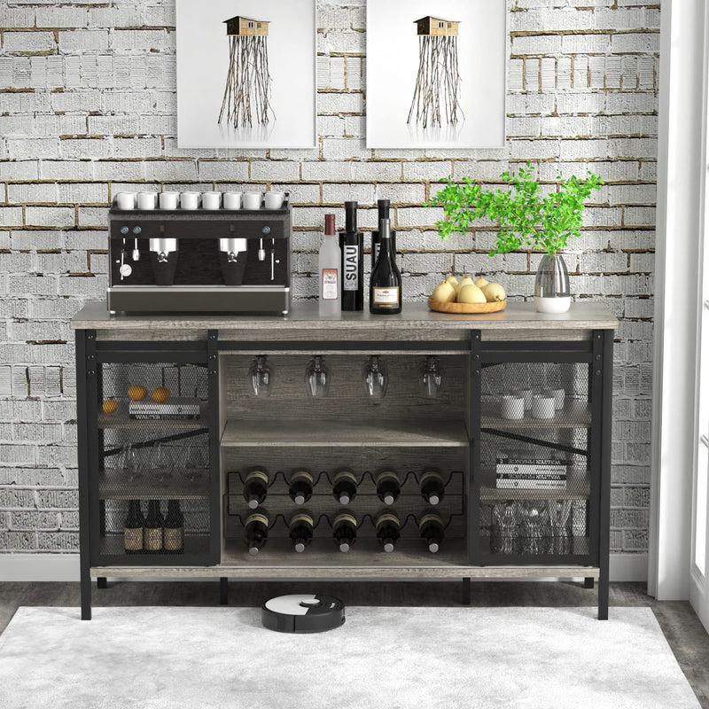 Industrial Wine Bar Cabinet / 55" Sliding Barn Door Coffee Bar Cabinet