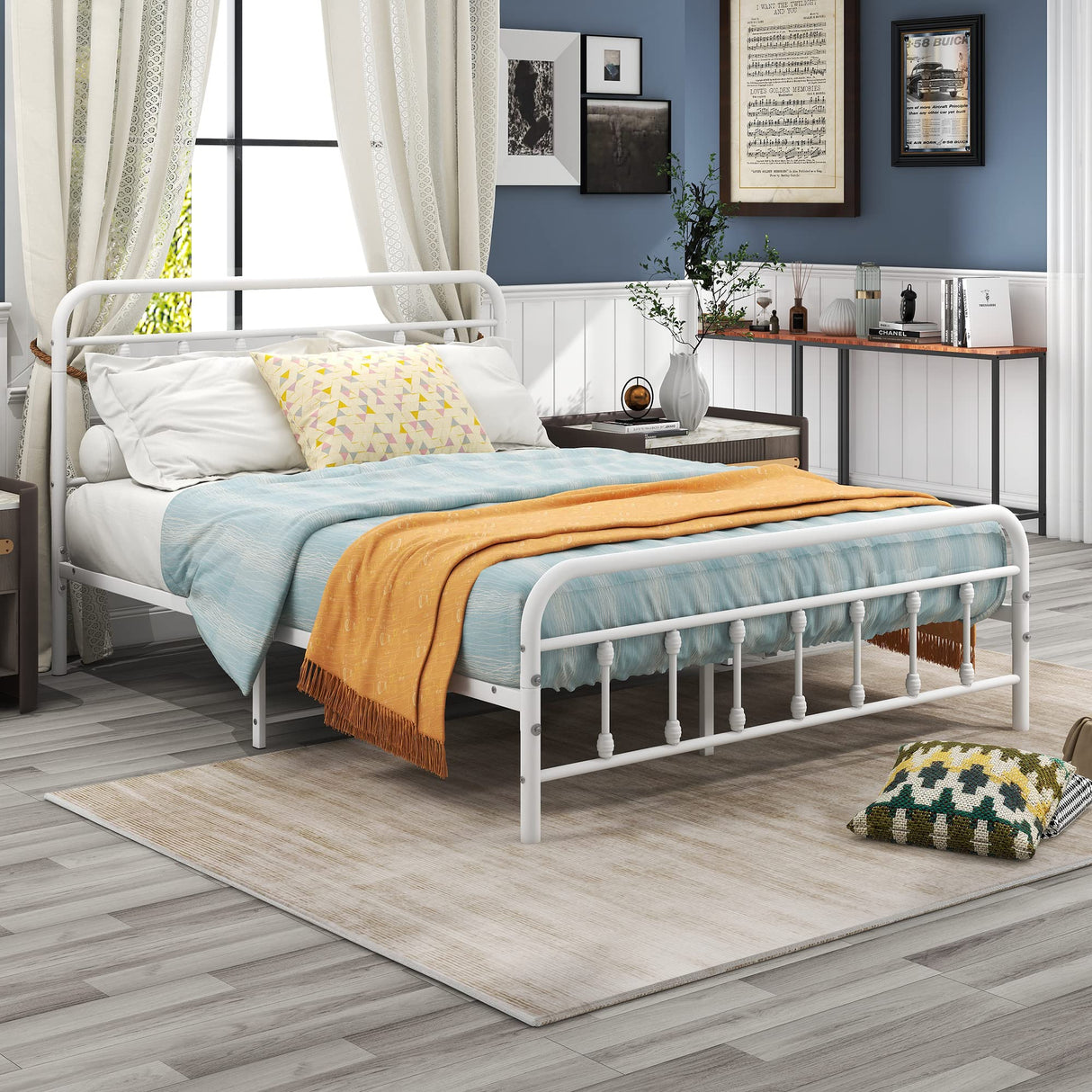 Queen Bed Frame with Headboard and Footboard Metal Bed Frame Vintage Sturdy Mattress Foundation