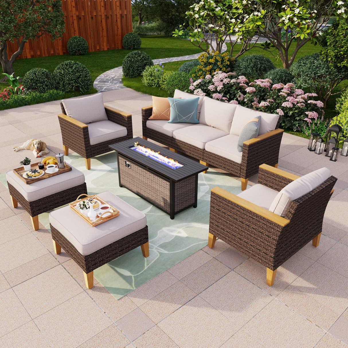 8-Piece Outdoor Sectional Patio Conversation Set with 56" Gas Fire Pit Table Table