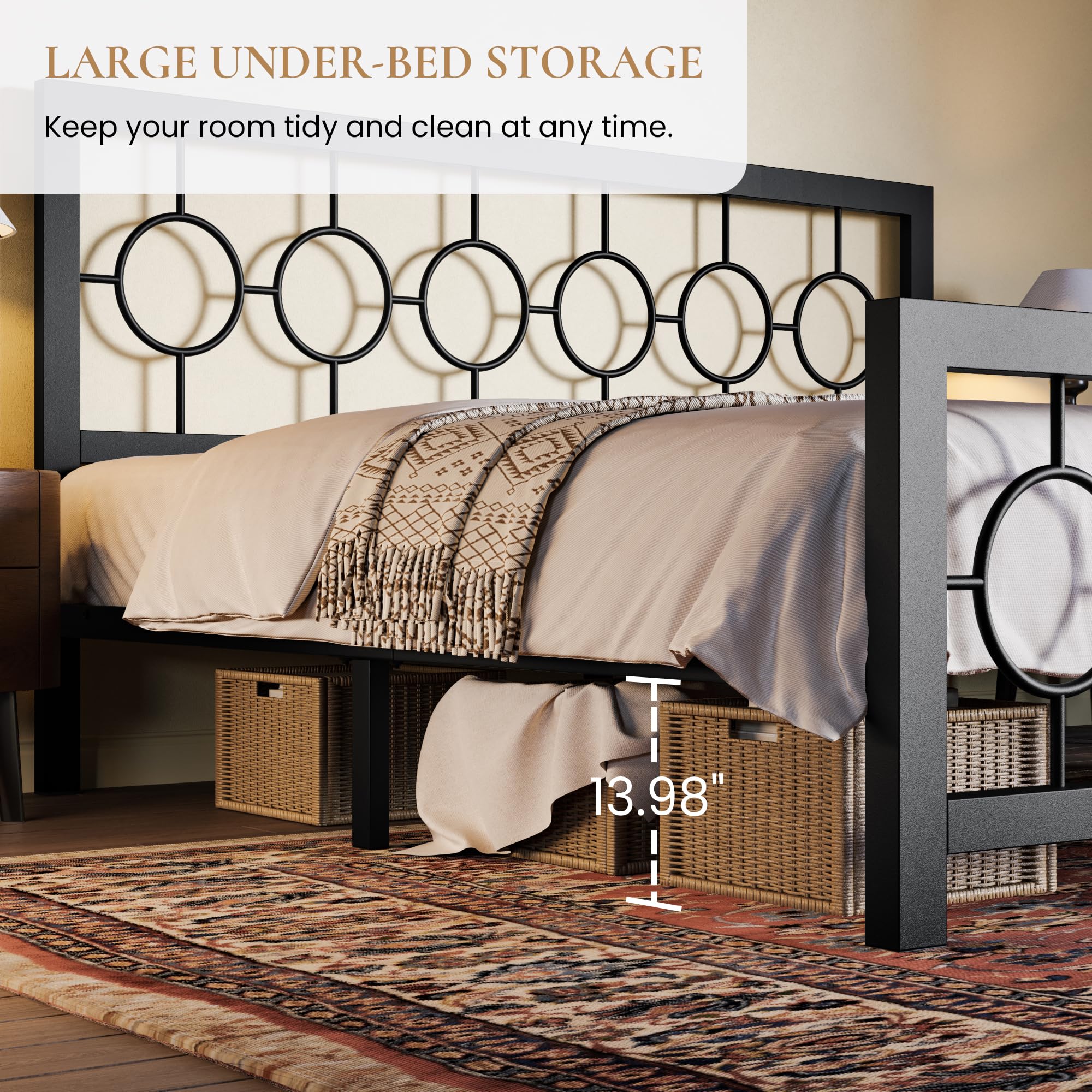 King Size Metal Bed Frame with Vintage Circular Design Headboard and Footboard
