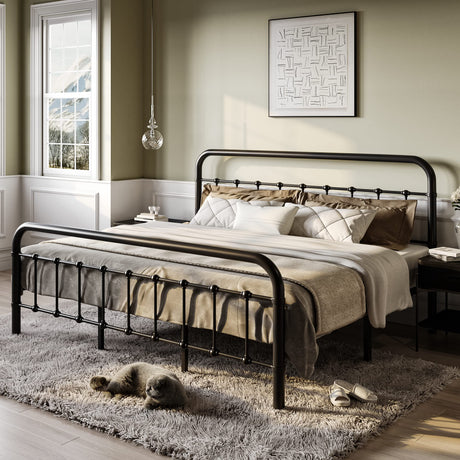 King Size Bed Frame Metal Platform Bed with Vintage Style Headboard and Footboard