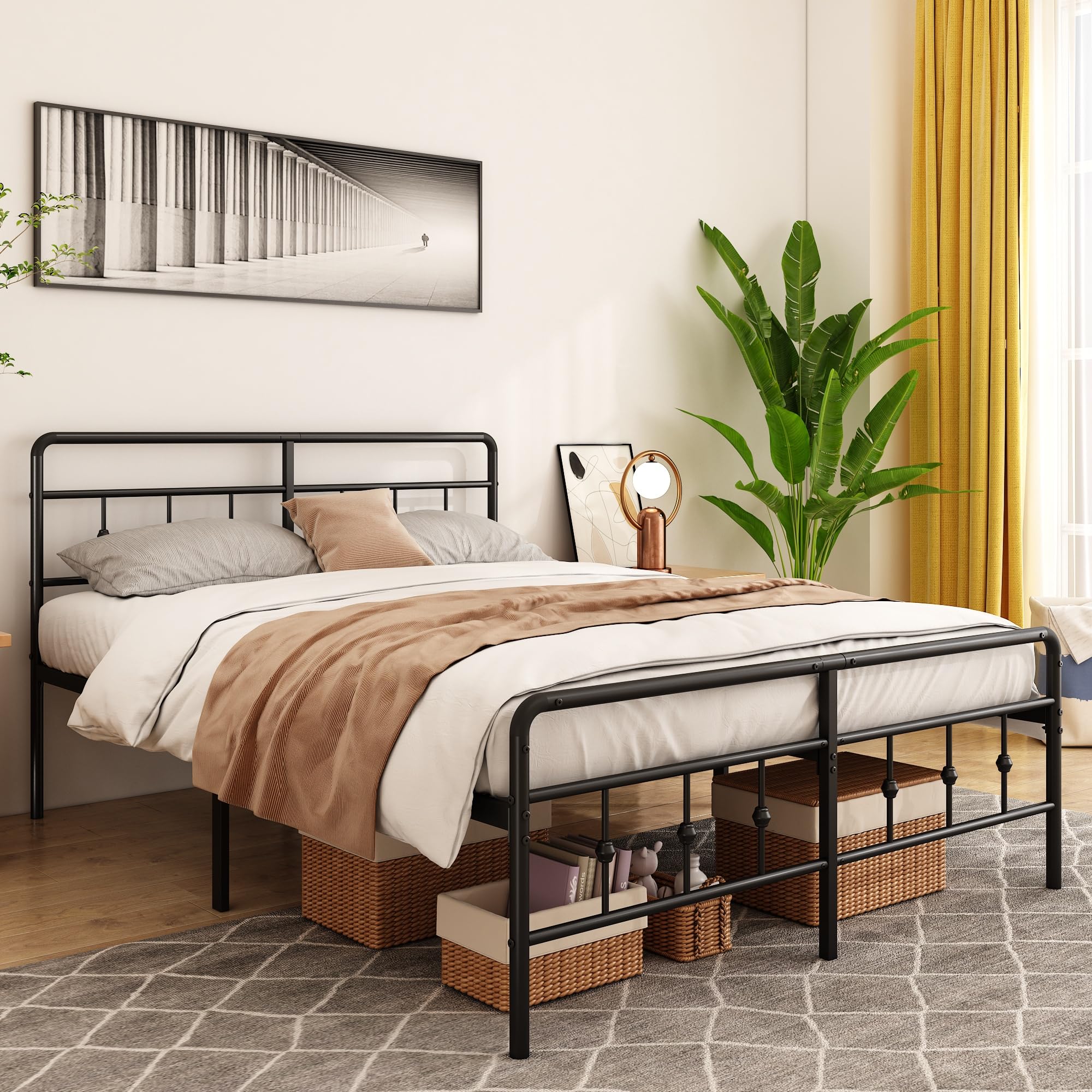 Queen Metal Bed Frame with Vintage Headboard and Footboard, Victorian Style Platform Bed Frame