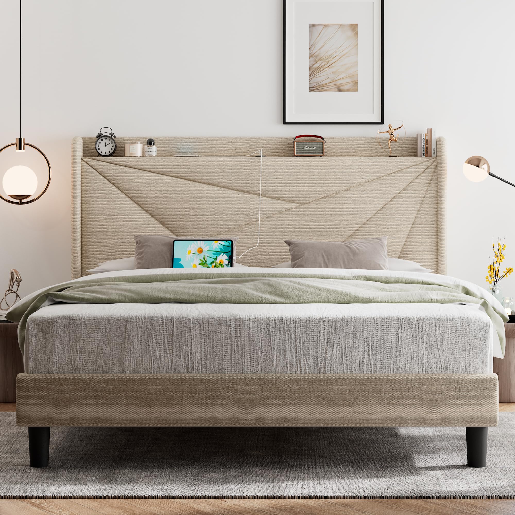 Queen Size Bed Frame with Type-C & USB Ports