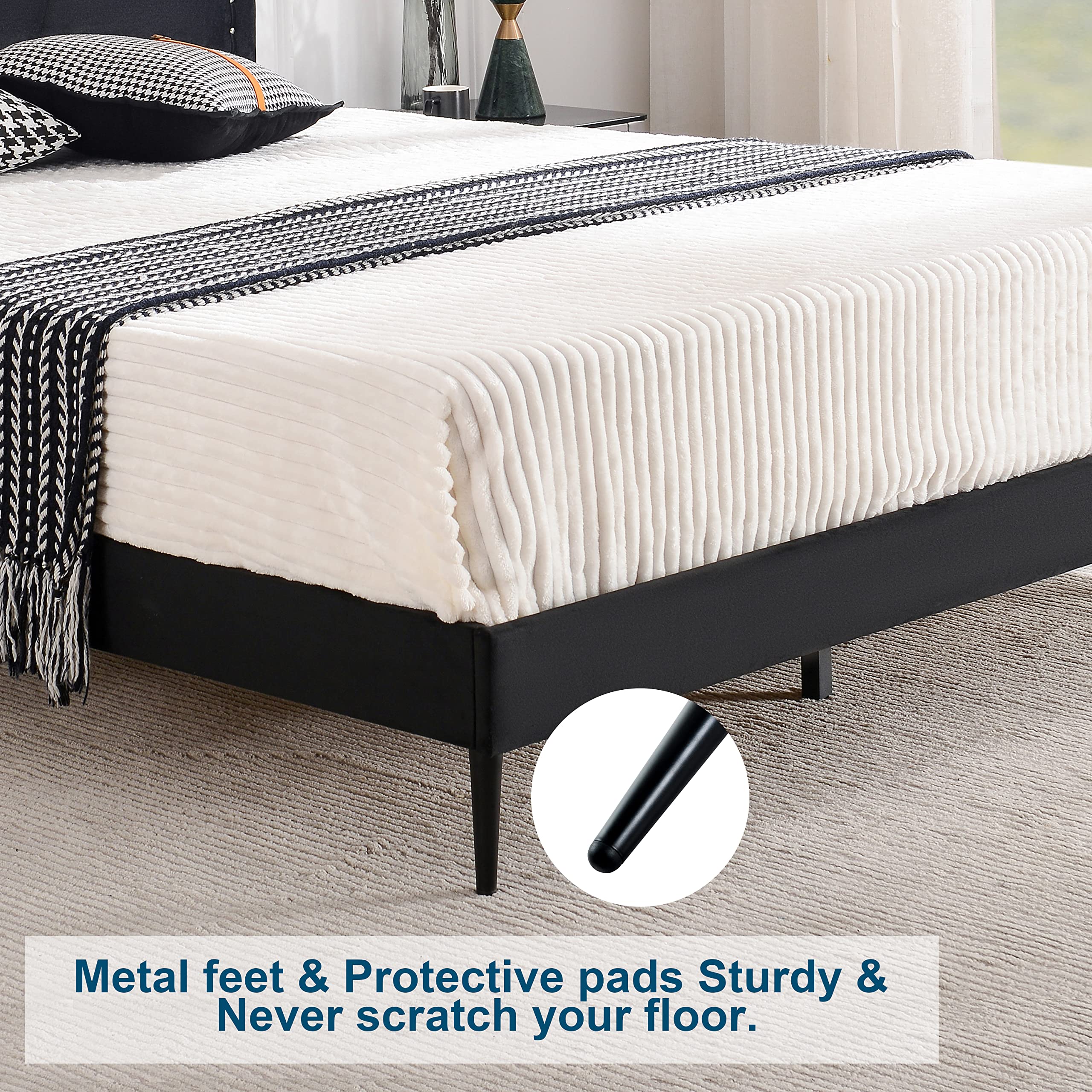King Size Bed Frame Velvet Upholstered Platform Bed with Decorative Line & Nailhead