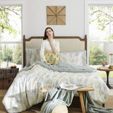 Textured Design Sage Green and Yellow Leaves Printed Comforter