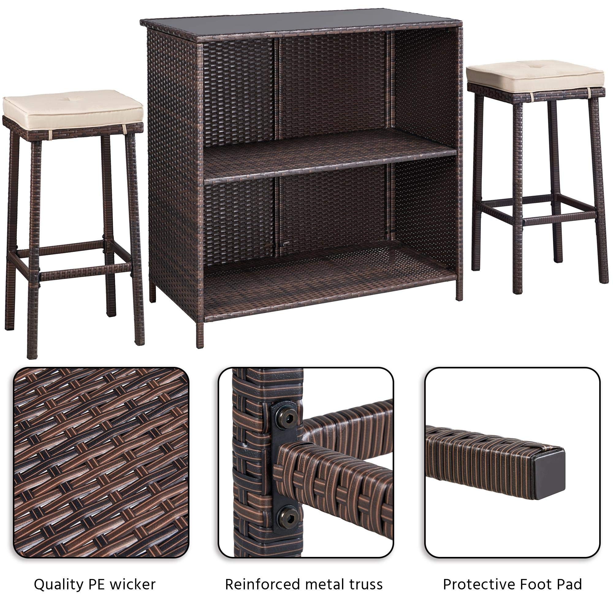 3pcs Patio Bar Set, Outdoor Wicker Bar Furniture