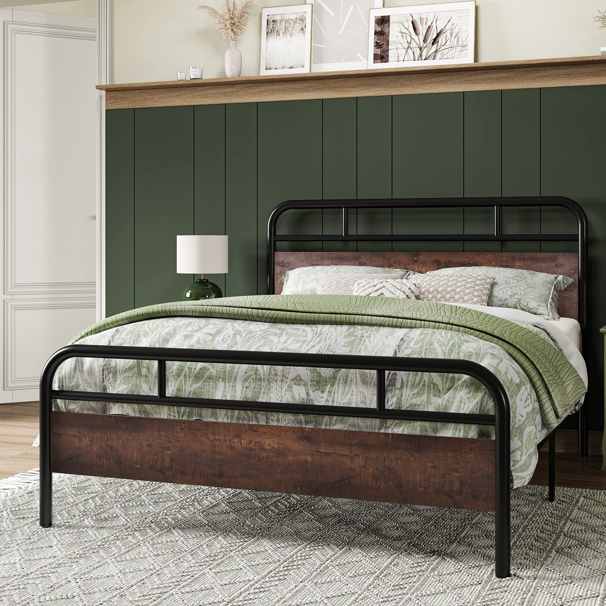 Queen Size Metal Bed Frame with Round Wooden Headboard and Footboard