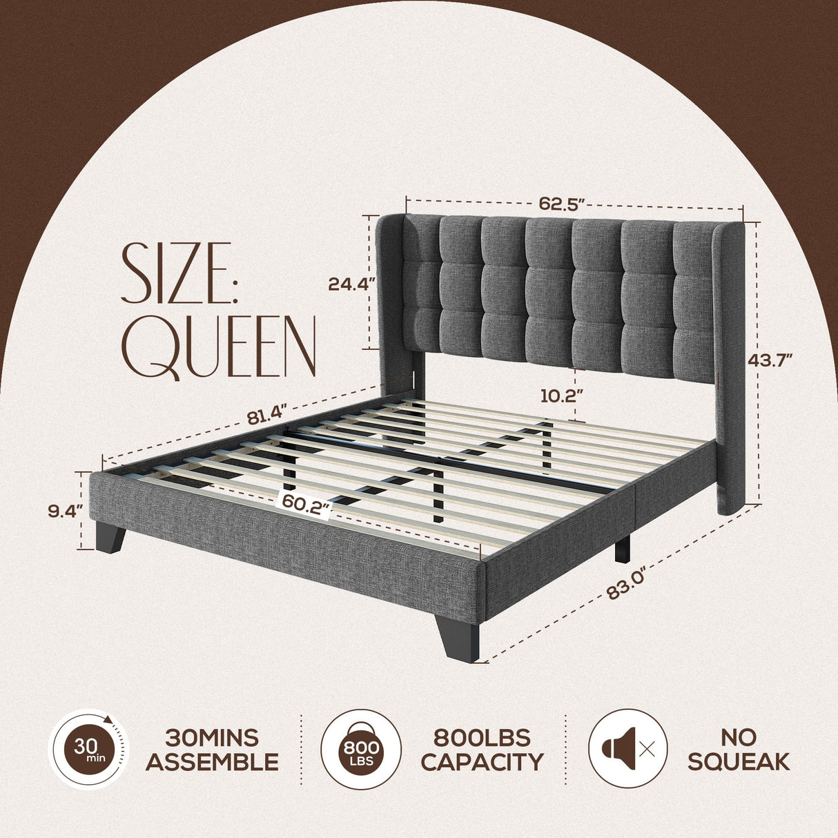 Queen Size Wingback Upholstered Platform Bed Frame