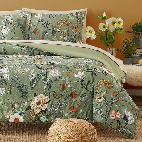 Queen Comforter Set, 7 PCS Green Butterfly Floral Comforter Set