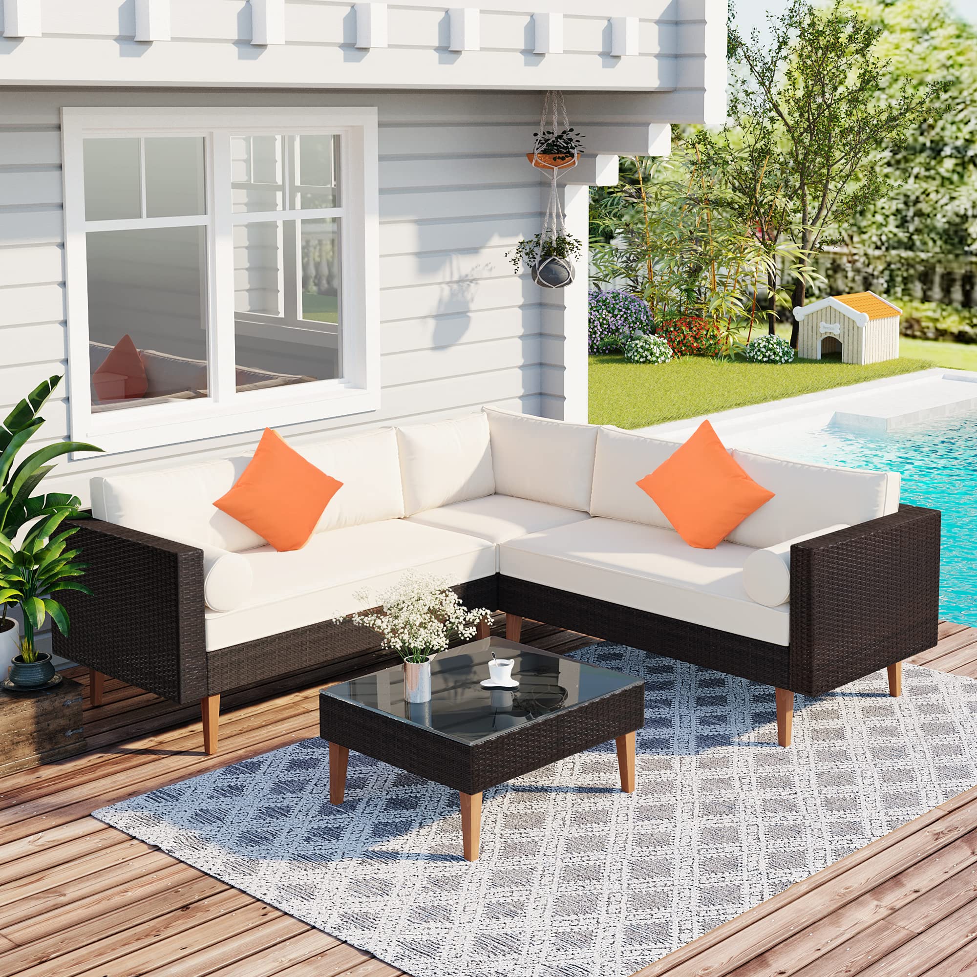 4-Pieces Outdoor Wicker Sofa Set, Patio Furniture with Colorful Pillows