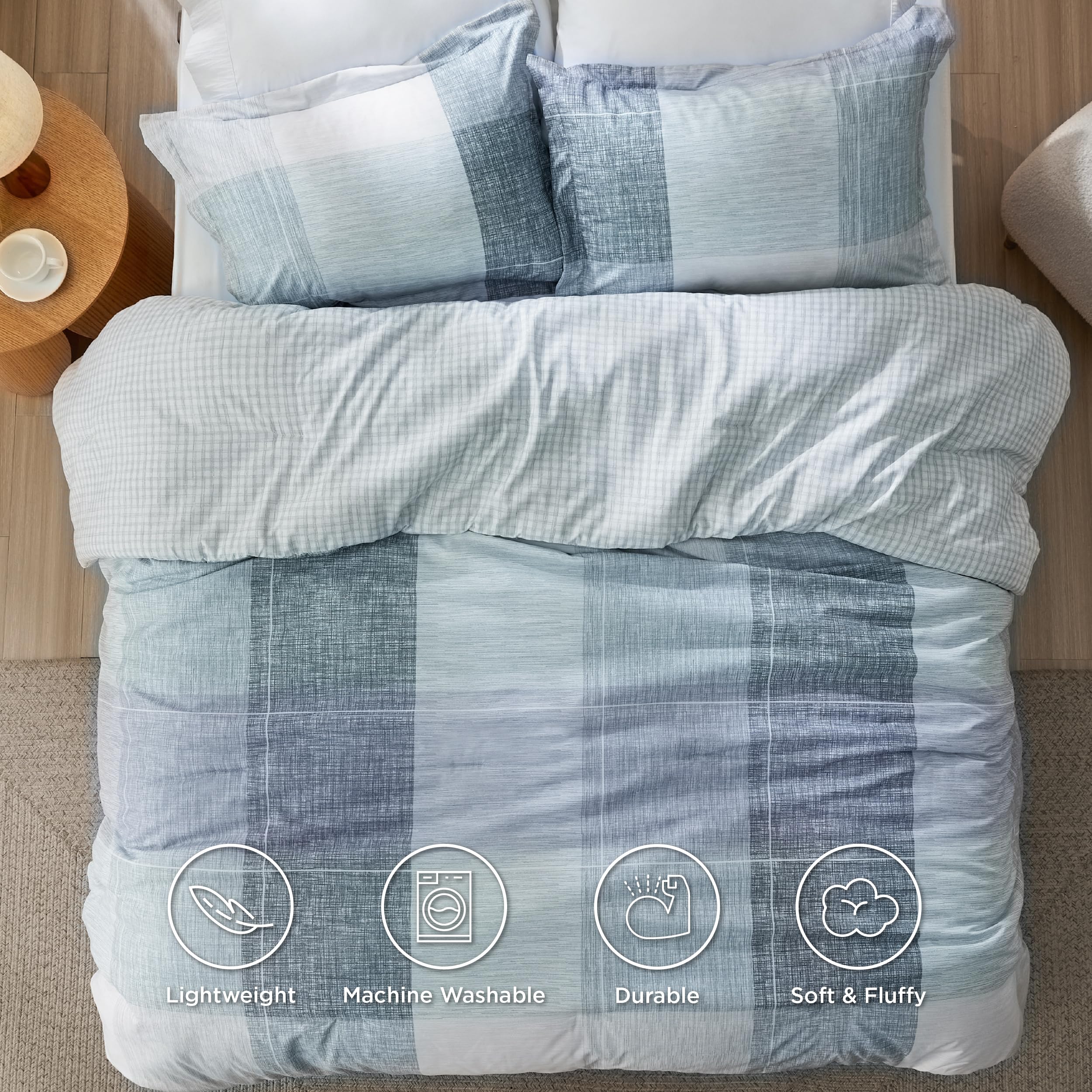 Plaid Comforter Set - Bedding Comforter Set Queen, Reversible Blue Buffalo