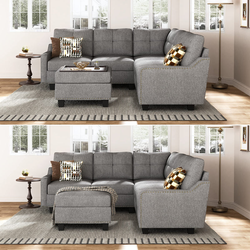 Convertible Sectional Sofa, L Shaped Couch with Storage Ottoman, Reversible 4 Seat Corner Sofa for Small Apartment,Light Grey