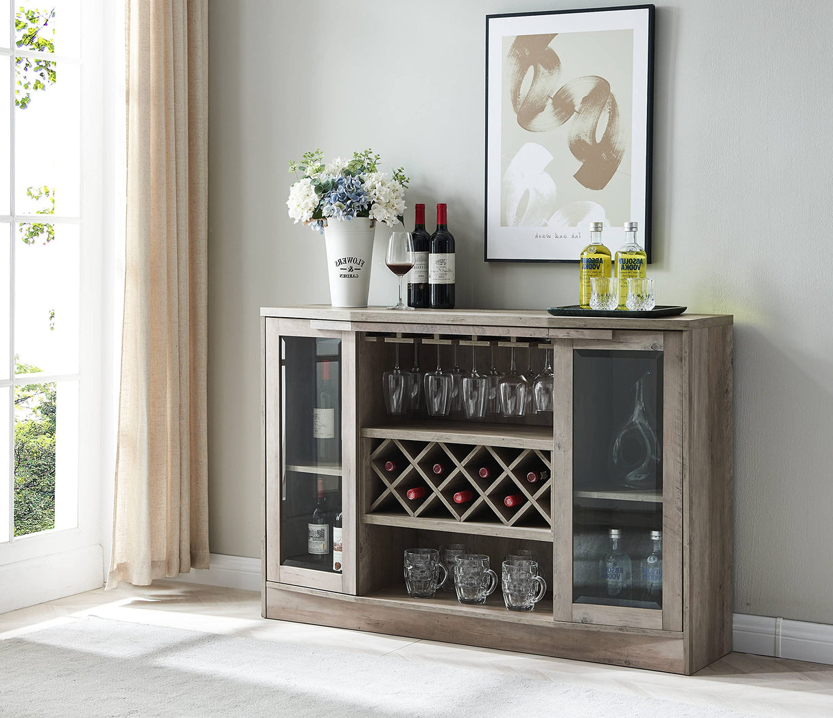 Jill Zarin Bar Cabinet with Two Curved Glass Doors in Stone Grey Finish