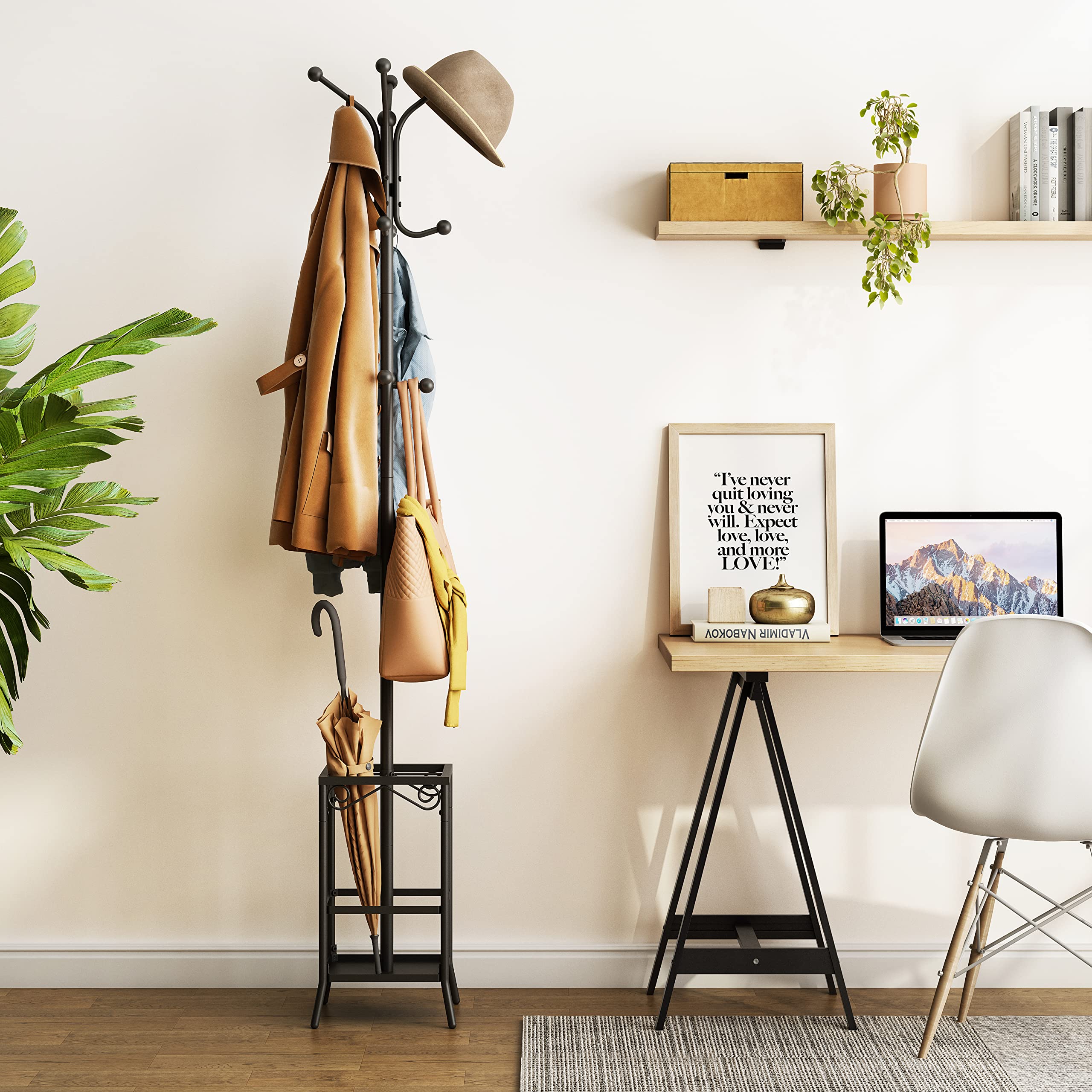Coat Rack Freestanding, Entryway Coat Hanger Stand, Umbrella Holder