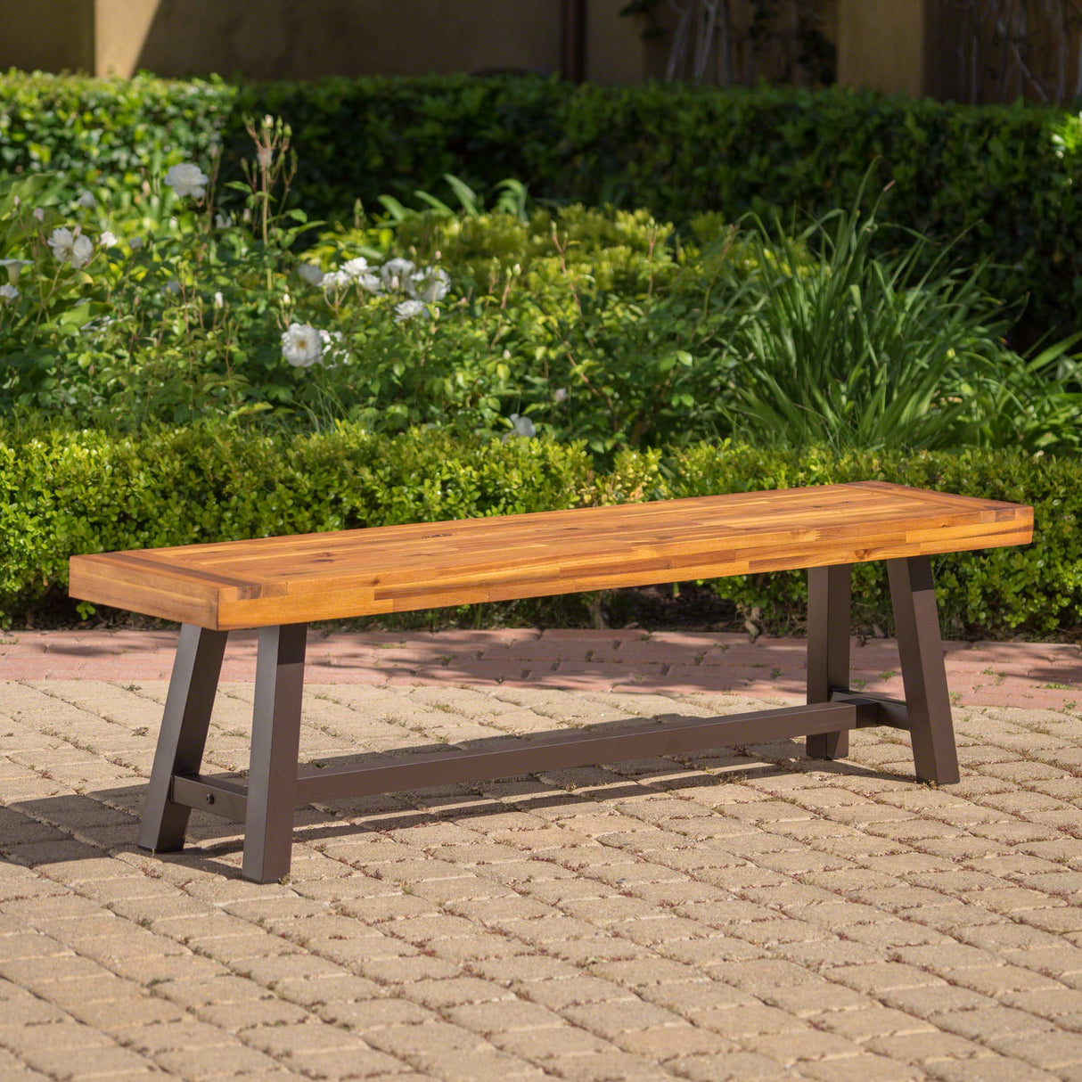 Carlisle Outdoor Acacia Wood and Rustic Metal Bench