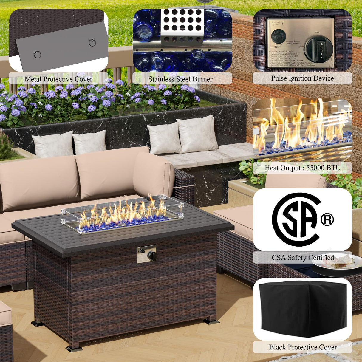 Outdoor Patio Furniture Set with Propane Fire Pit Table, 15 Pieces