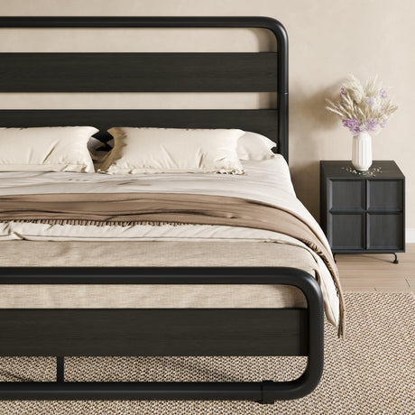 Queen Size Metal Bed Frame with Wooden Headboard and Footboard, Heavy Duty